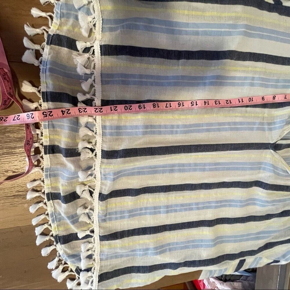 Vince Camuto Striped Tunic Top Sz L White Blue Pom Pom Hem Beach Surfer Coastal - Picture 9 of 11